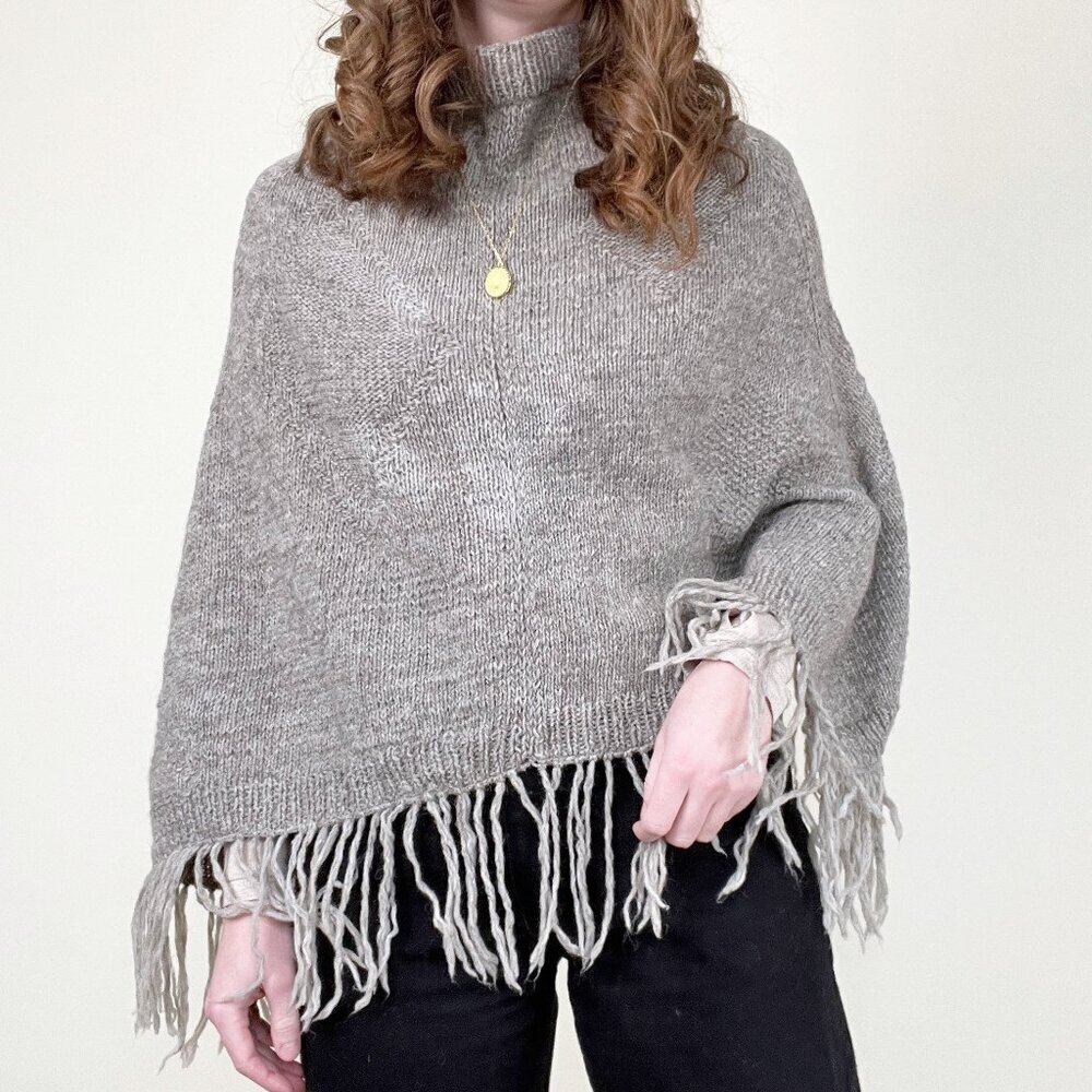 Vintage Handmade Wool Woven Knit Fringe Poncho Western Boho Hippie Sweater Shawl